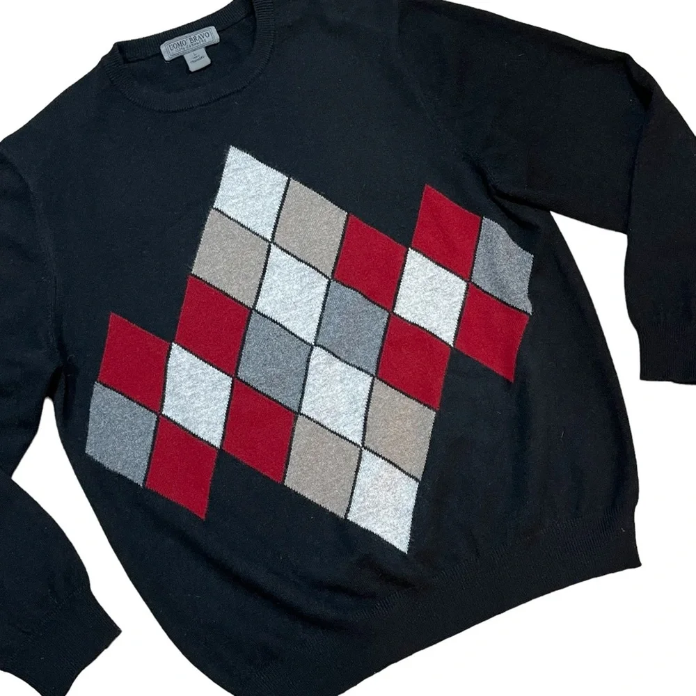 Men’s Uomo Bravo Cashmere Sweater Black Argyle Crew Neck Long Sleeve Pullover - Picture 11 of 11